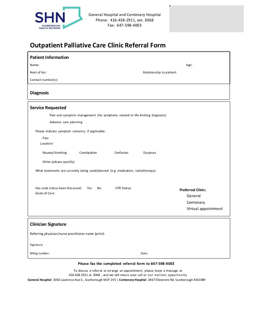 Scarborough Health Network ( SHN ) Outpatient Palliative Care