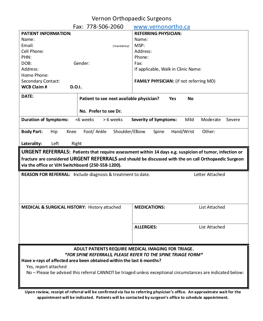 Vernon Orthopaedic Surgeons Referral eForm