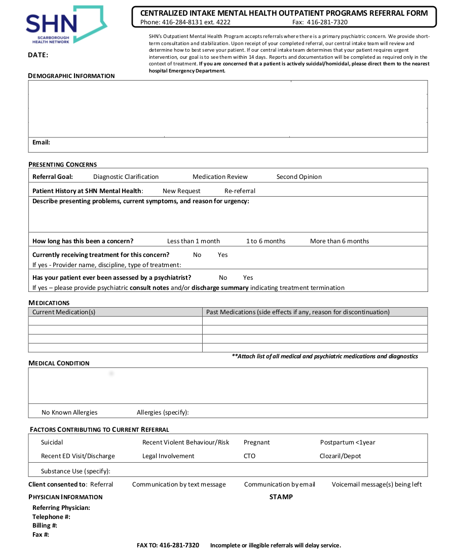 Scarborough Health Network ( SHN ) Central Intake Mental Health