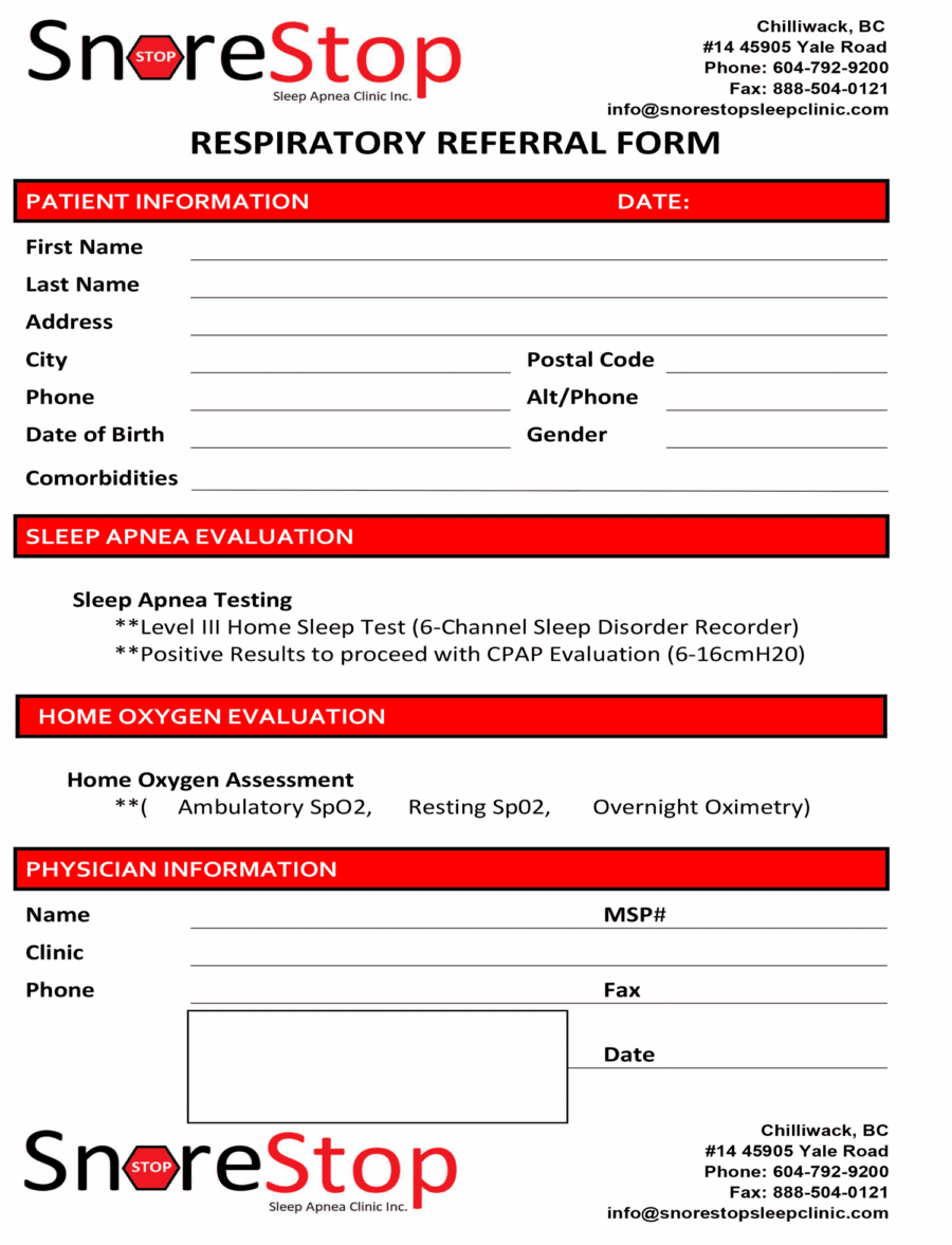 SNORESTOP Sleep Apnea and Oxygen Referral Form