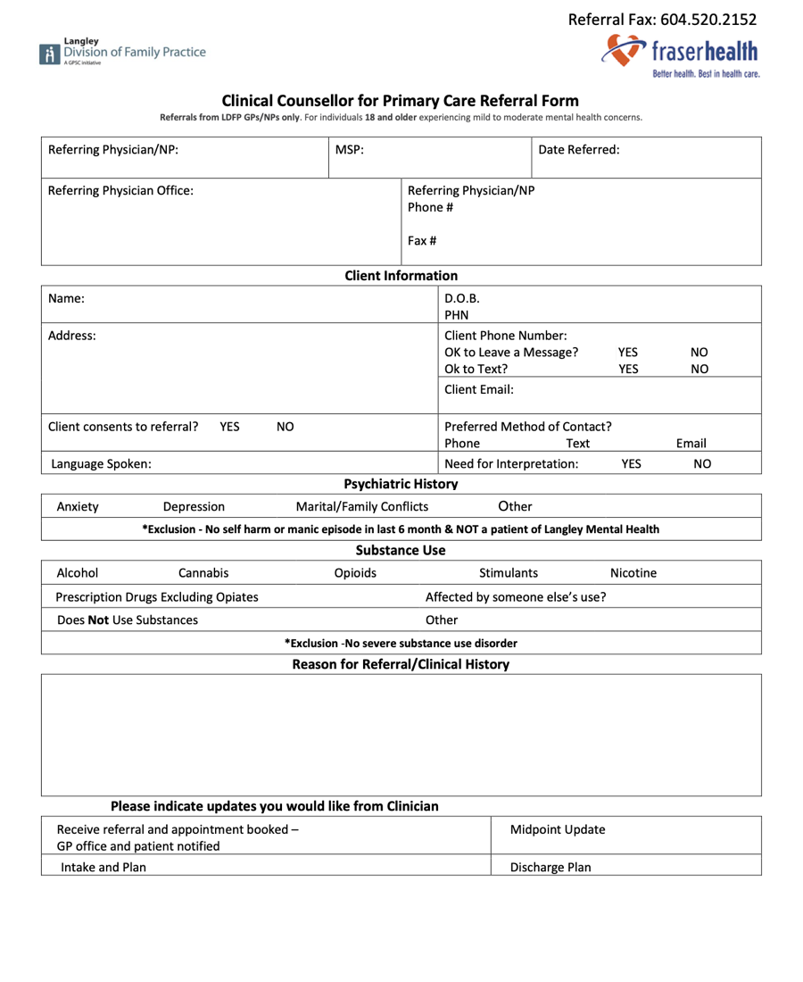 Langley Clinical Counsellor Referral