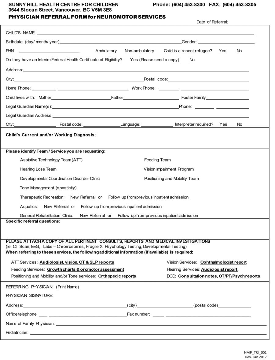 Sunny Hill Referral form for Neuromotor Services 2017