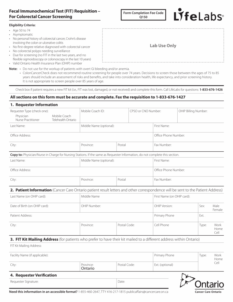 eFORM for FIT fecal immunochemical testing ONTARIO 2019