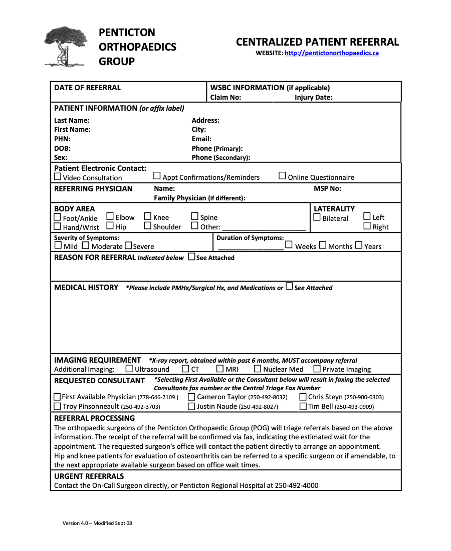 Penticton Orthopaedics Group Centralized Patient Referral