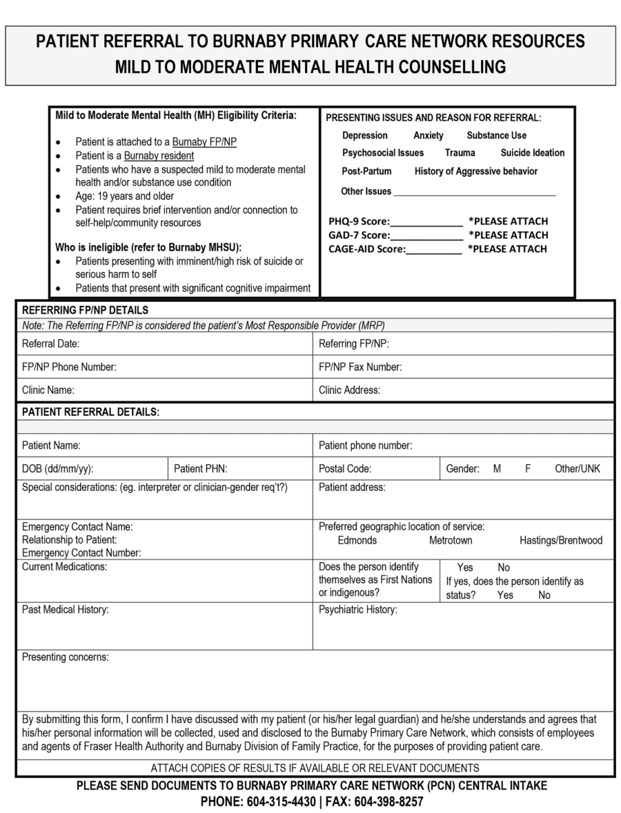Mental Health Referral eForm V5 Burnaby Primary Care Network 2020