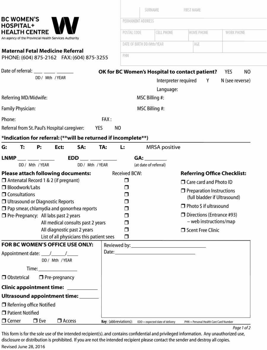 BCWH Maternal Fetal Medicine Referral 2018