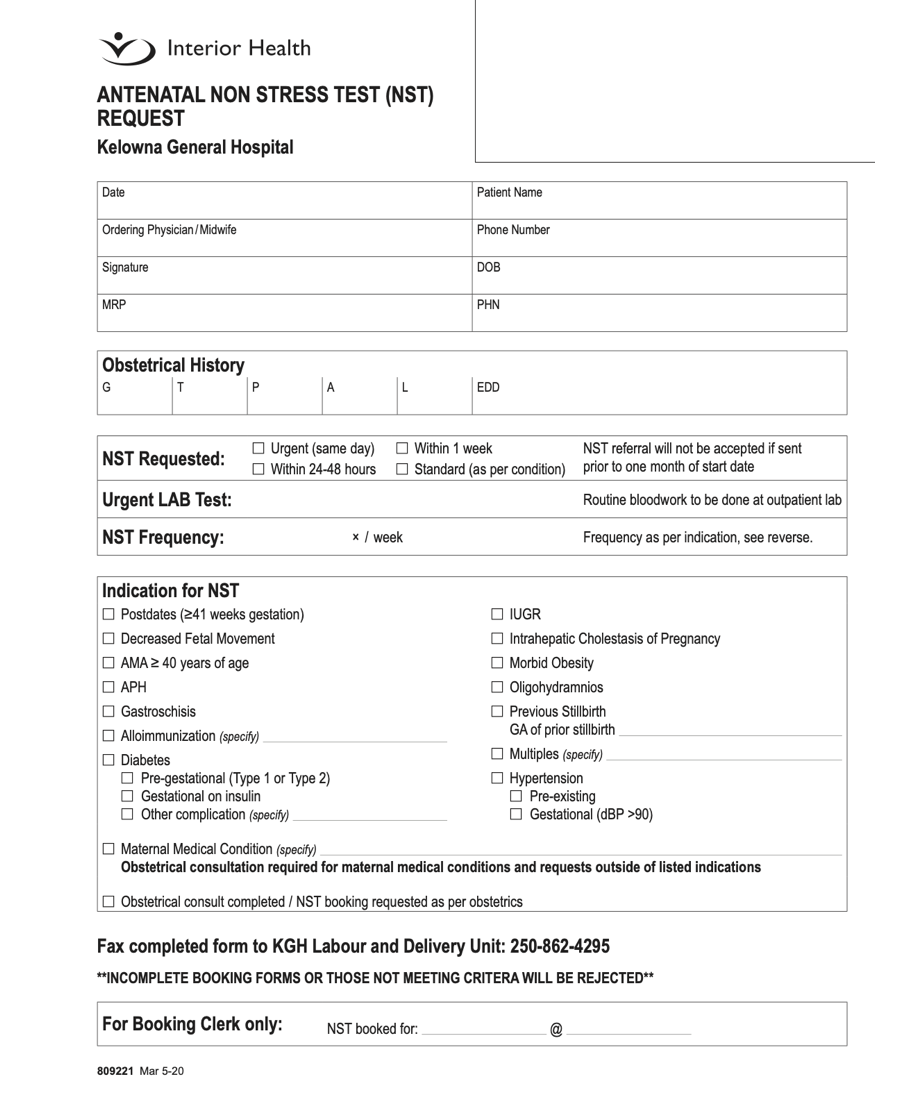 Interior Health Antenatal Non Stress Test (NST) Requisition Kelowna Hospital