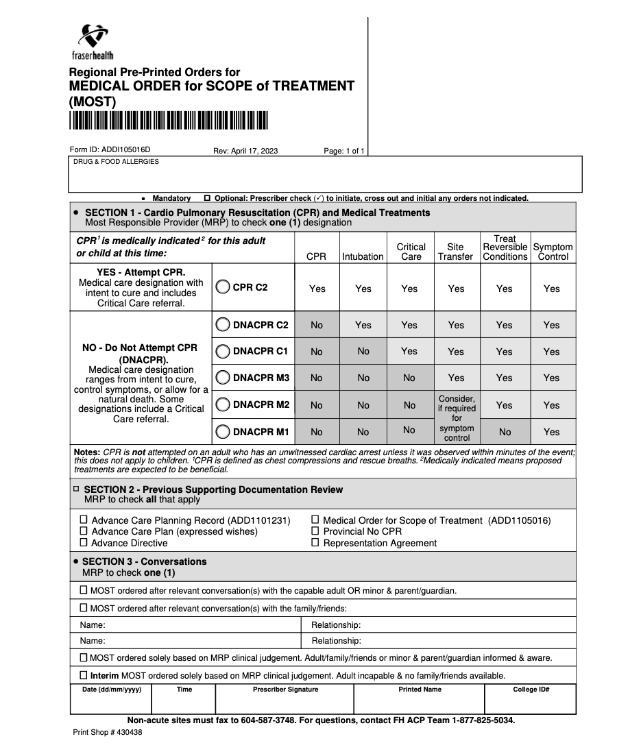 FHA  Medical Orders for Scope of Treatment (MOST) eForm