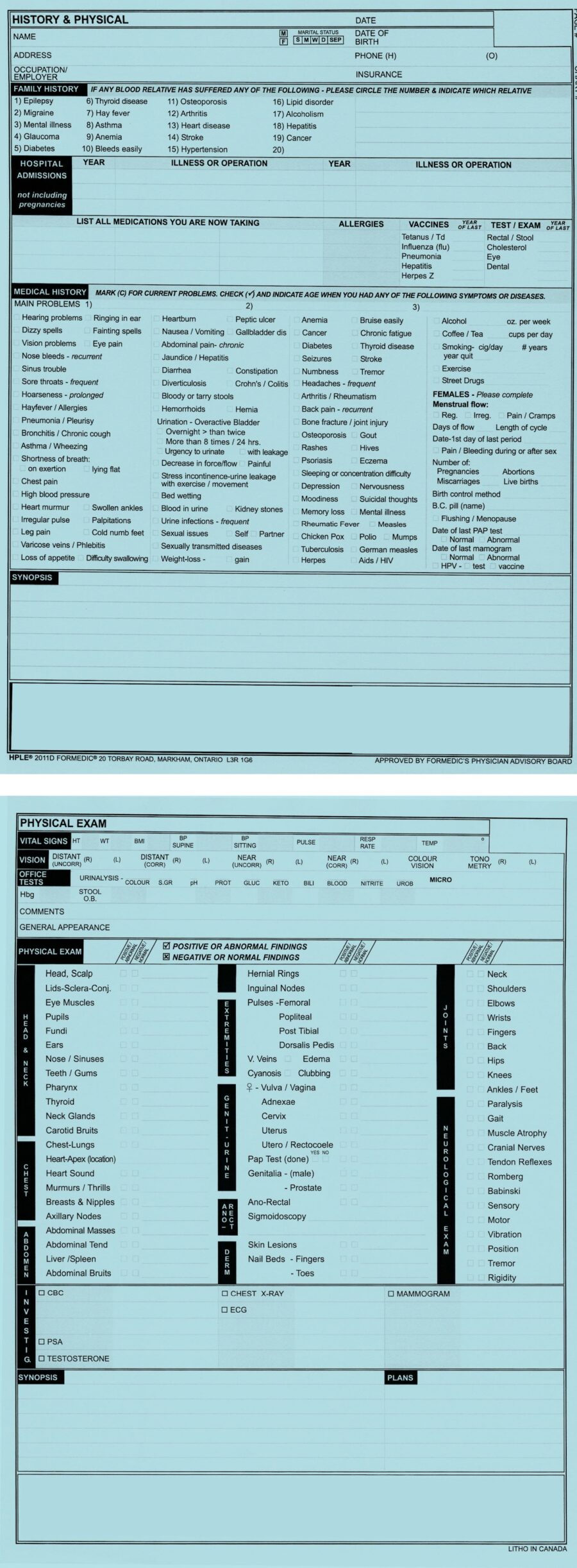 Annual History and Physical based on the Formedic form.