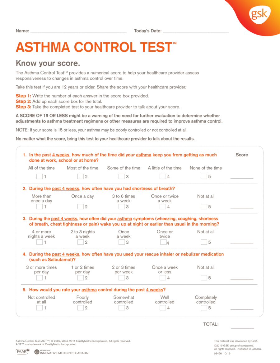 Asthma Control Test Score Sheet - English