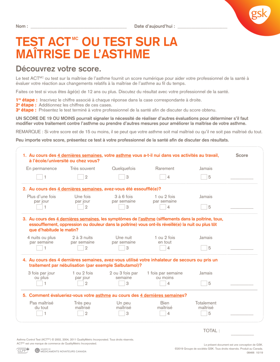 Asthma Control Test Score Sheet - French