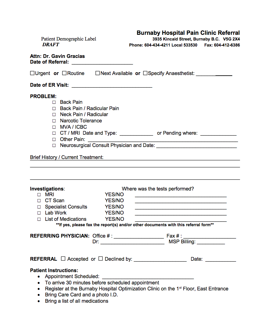 Burnaby Hospital Pain Clinic Referral eForm 2019