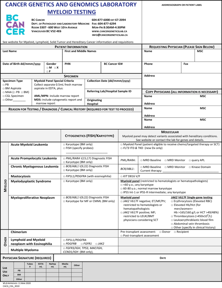 Cancer Genetics and Genomic Laboratory Myeloid Tumor Testing March 2020