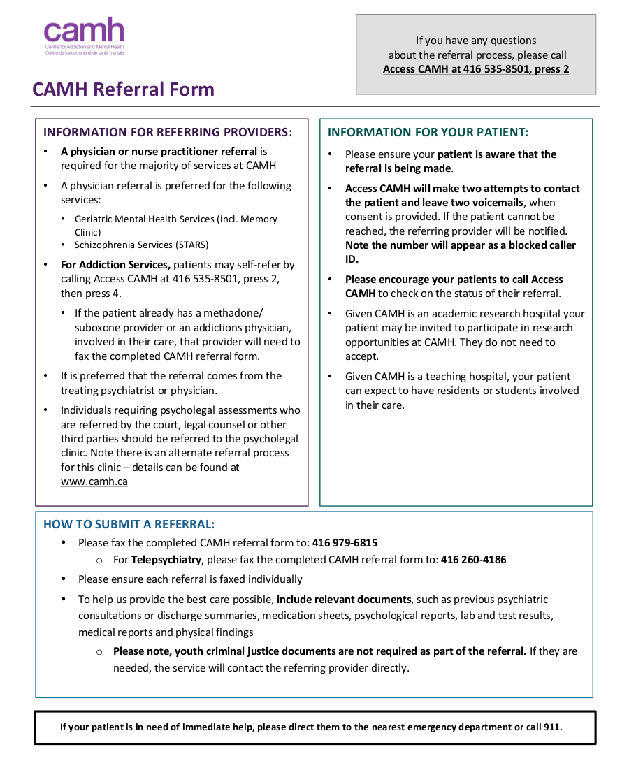 Centre for Addiction and Mental Health Referral (CAMH) eForm