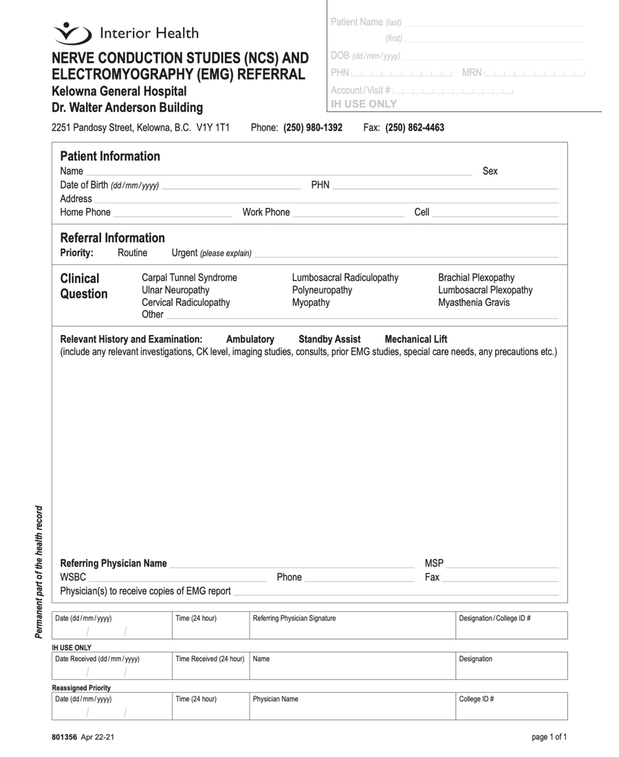 Interior Health Authority NCS and EMG referral eForm