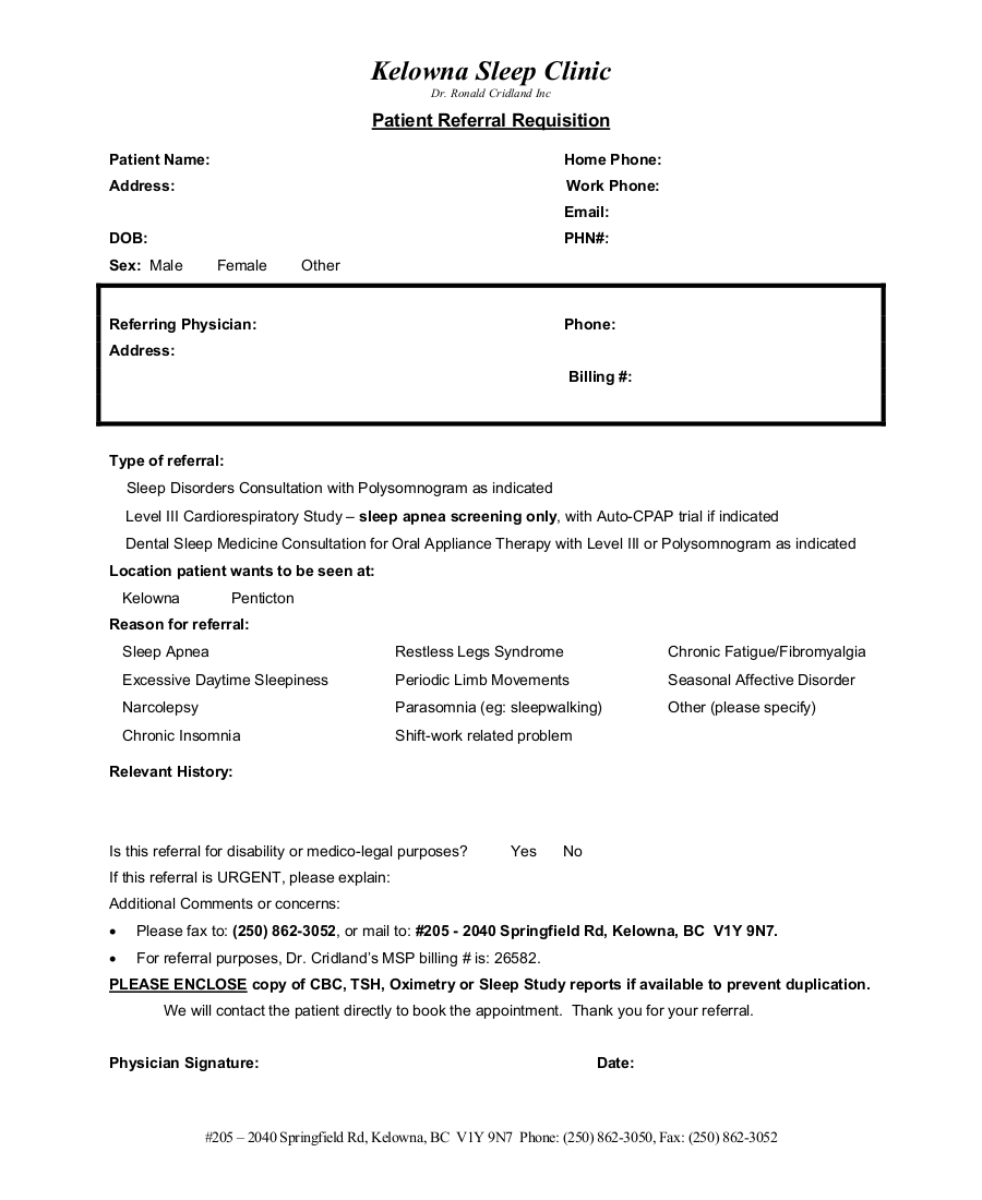 Penticton, Kelowna & Vernon Sleep Clinic Patient Referral Requisition 2018