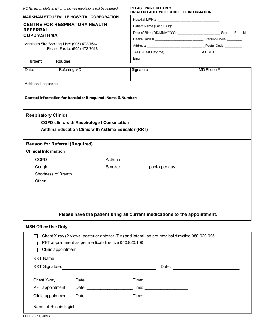 COPD Asthma referral form for Markham Stouffville Hospital