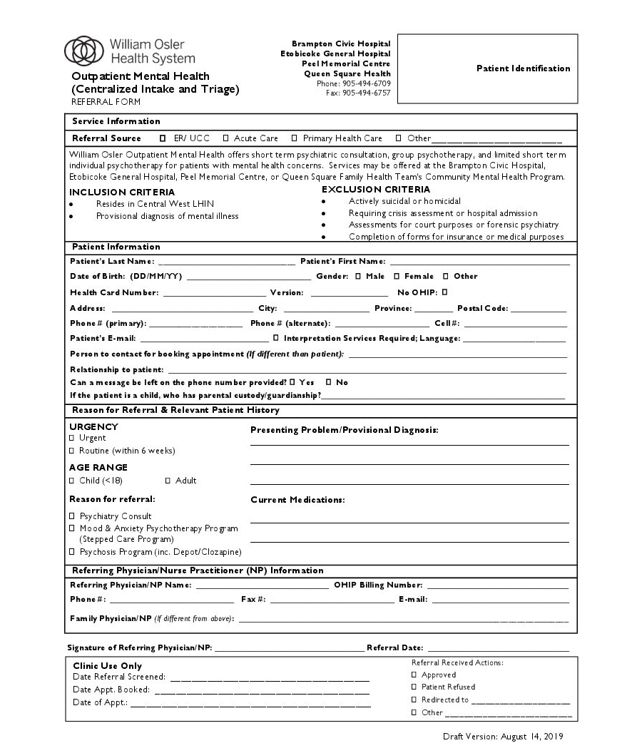 William Osler Health System Outpatient Mental Health Intake and Triage form