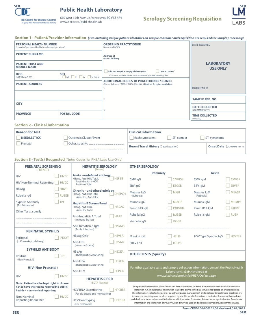 BC Centre for Disease Control Serology Form updated 2019