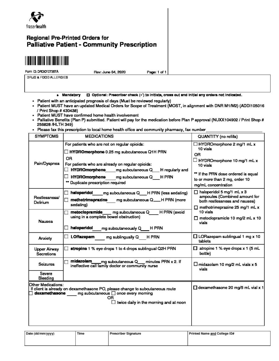 Fraser Health Pre-Printed Orders Palliative Patient Community Prescription