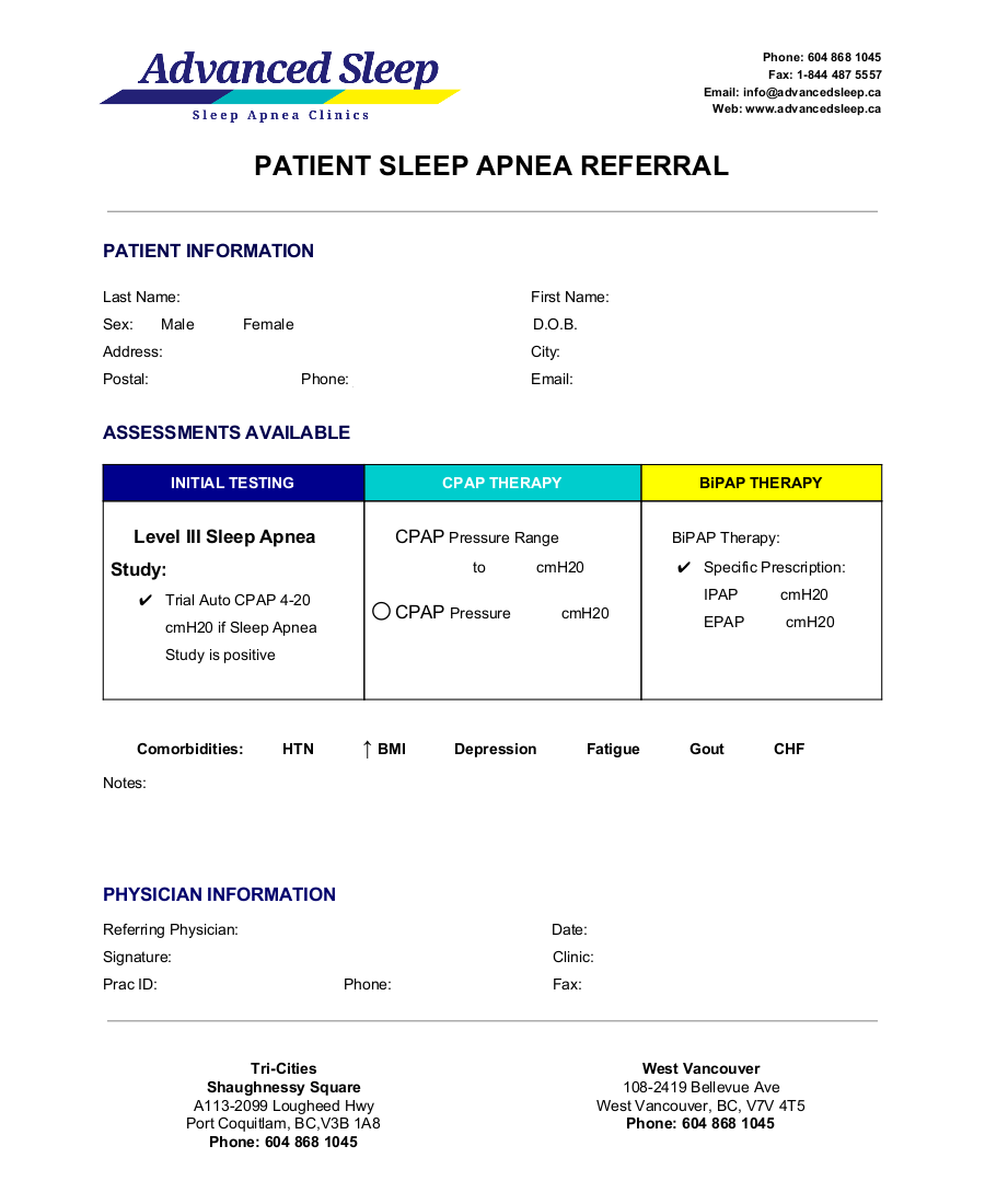 Advanced Sleep - PATIENT SLEEP APNEA REFERRAL