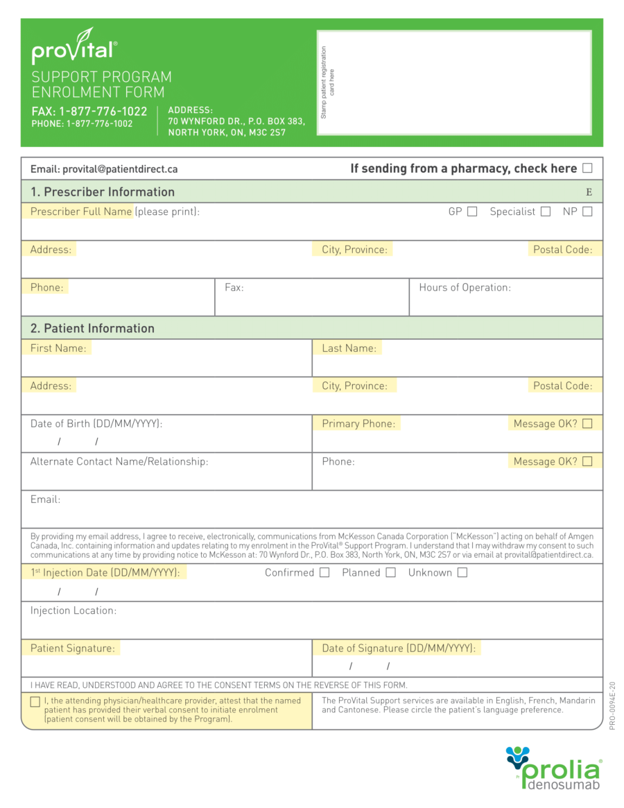 Prolia (denosumab) ProVital PSP Enrolment Form