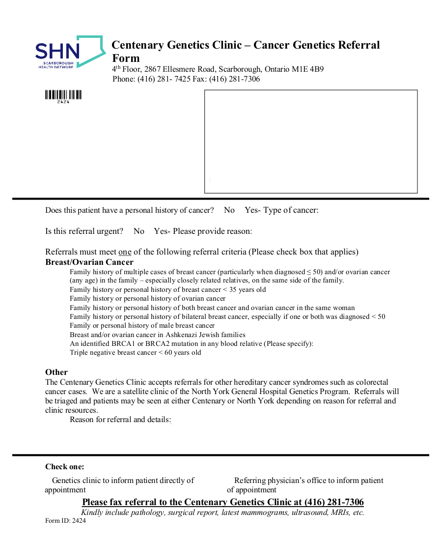 Scarborough Health Network ( SHN ) Cancer Genetics Referral eForm