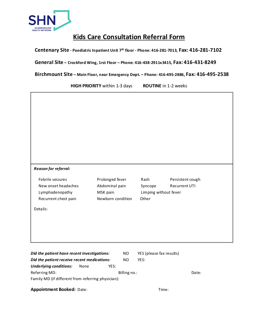 Scarborough Health Network (SHN) Kids Care Consultation Referral (General, Centenary and Birchmount)