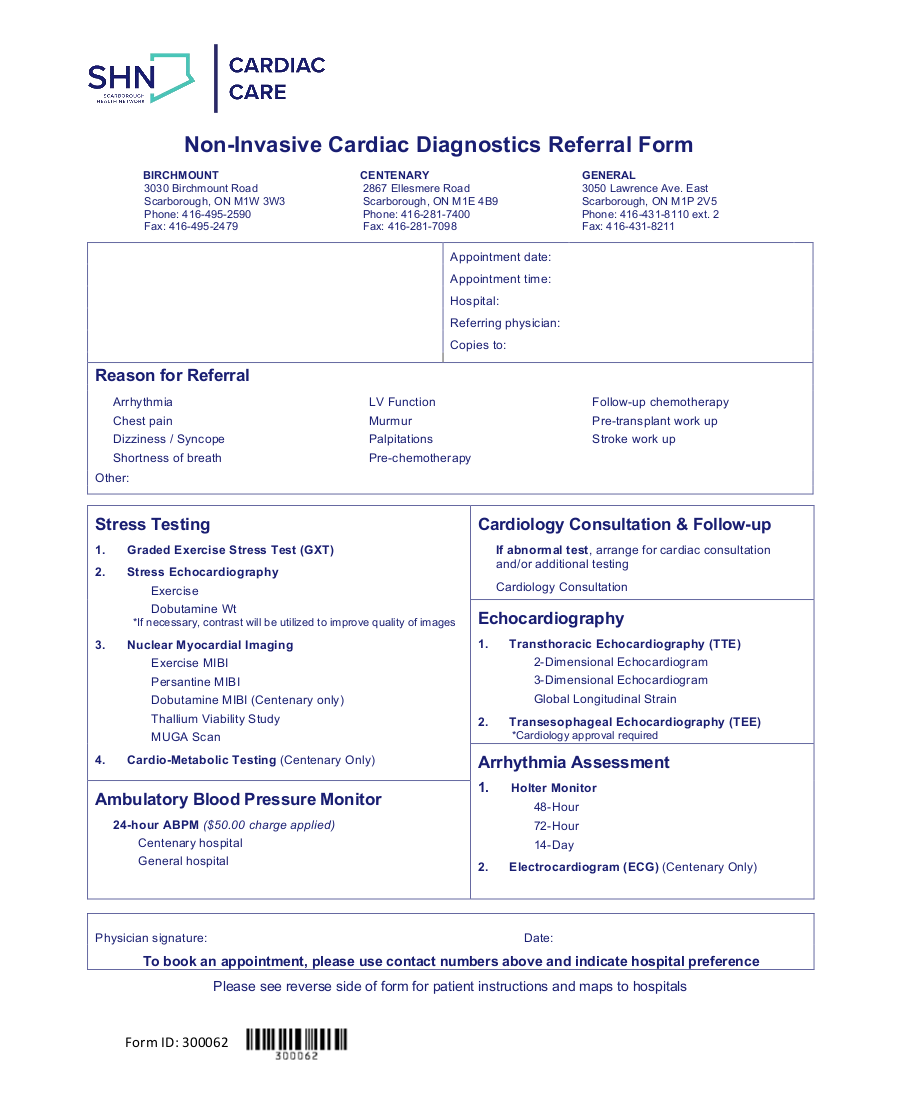 Scarborough Health Network ( SHN ) Non-Invasive Cardiac Diagnostics Referral Form