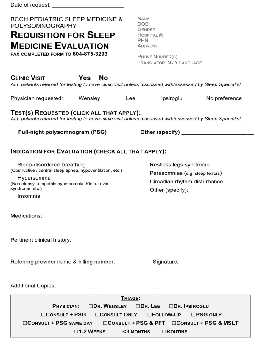 BCCH Requisition For Sleep Medicine Evaluation
