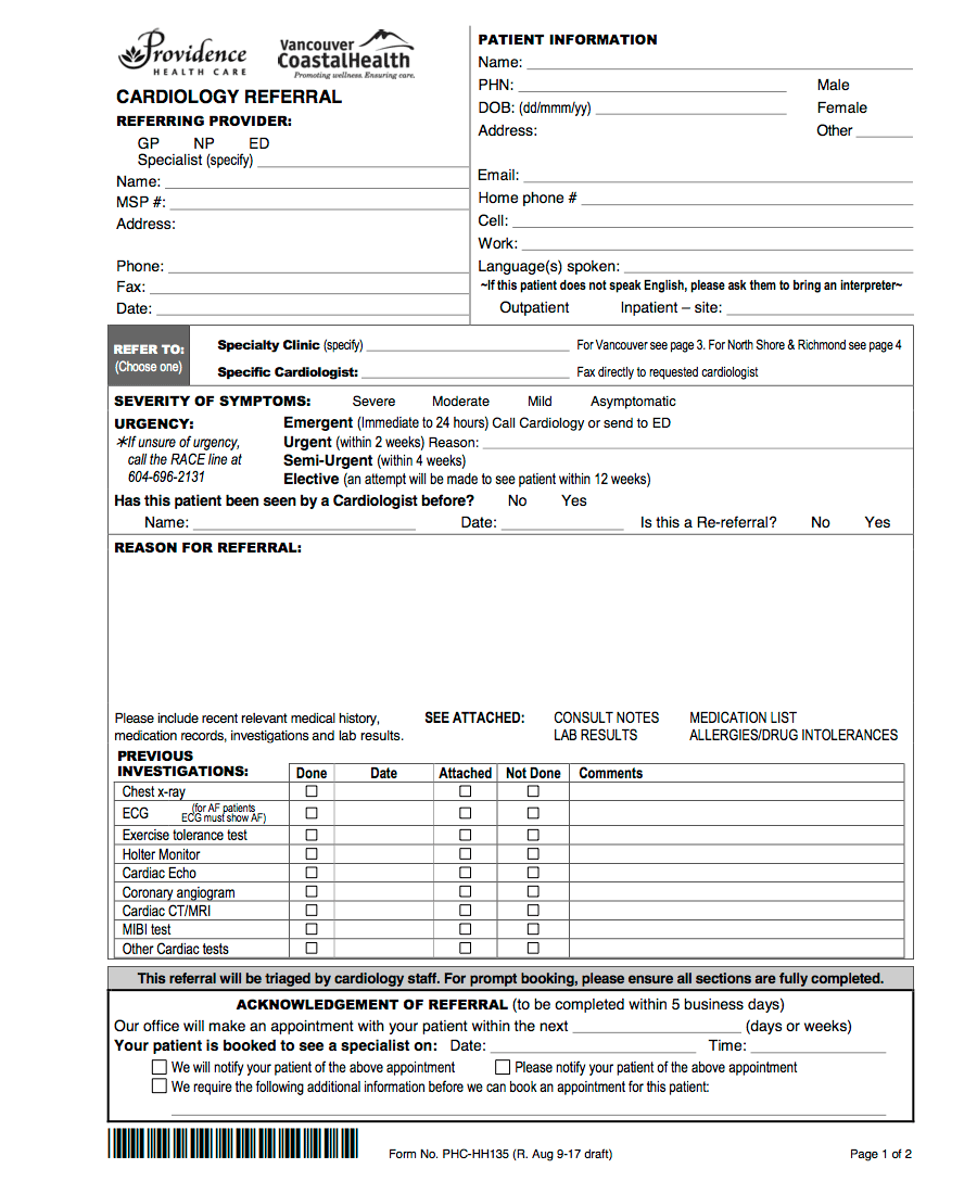 VCH and Providence Health Care Cardiology Referral form 2018