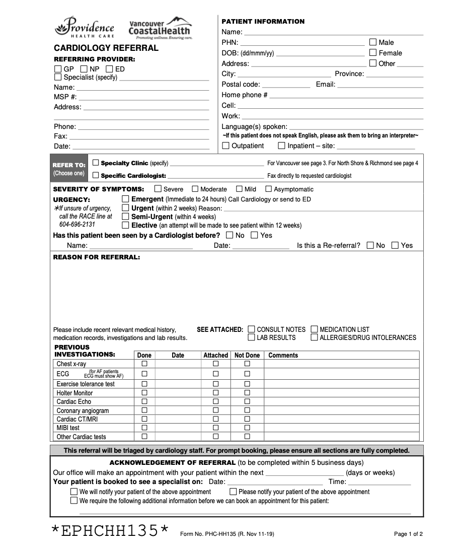 VCH and Providence Health Care Cardiology Referral form 2019