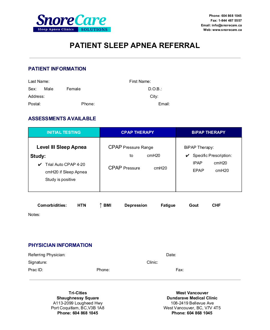 Snore Care Patient Sleep Apnea Referral 2019