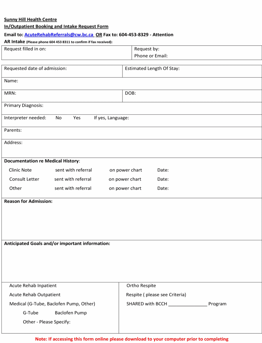 Sunny Hill Acute Rehab Referral 2017
