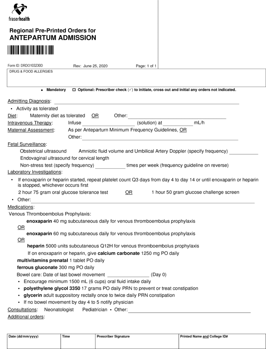 Fraser Health Antepartum Admission Orders 30-6-2020