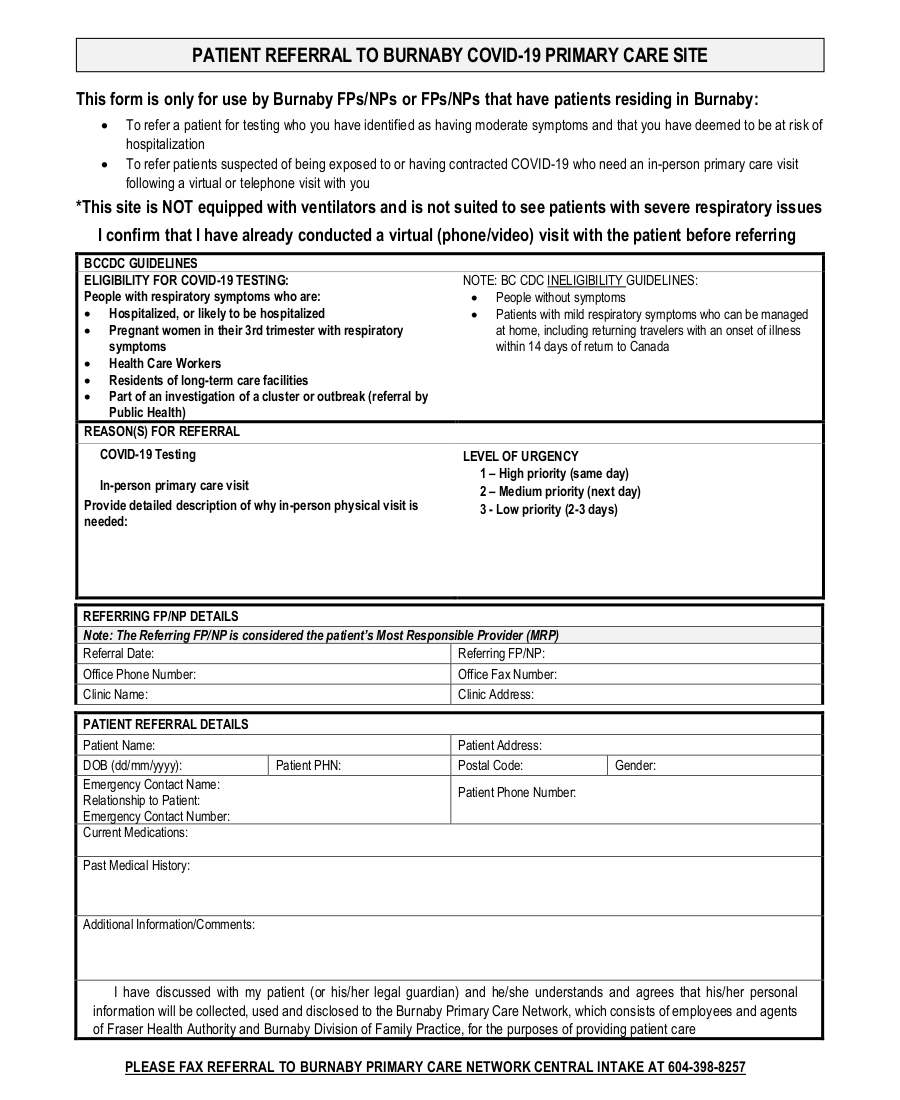 Burnaby Division of Family Practice COVID-19 central referral site eForm