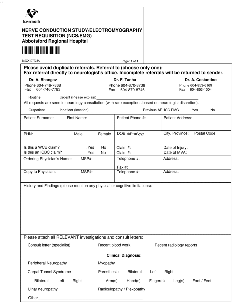 Referral form for Abbotsford Regional Hospital nerve Conduction Study and Electromyography circa 2019