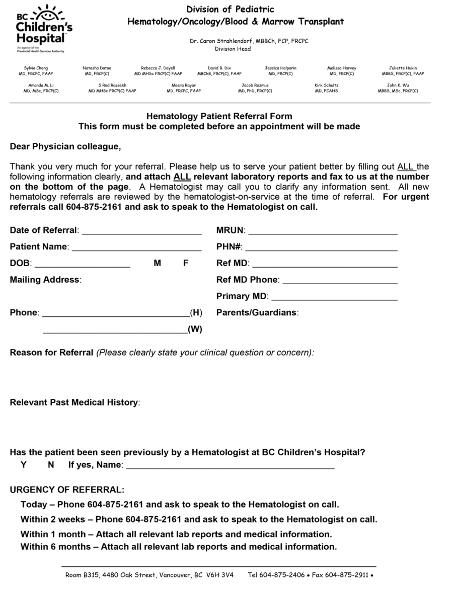 BC Children's Hospital Hematology referral eForm