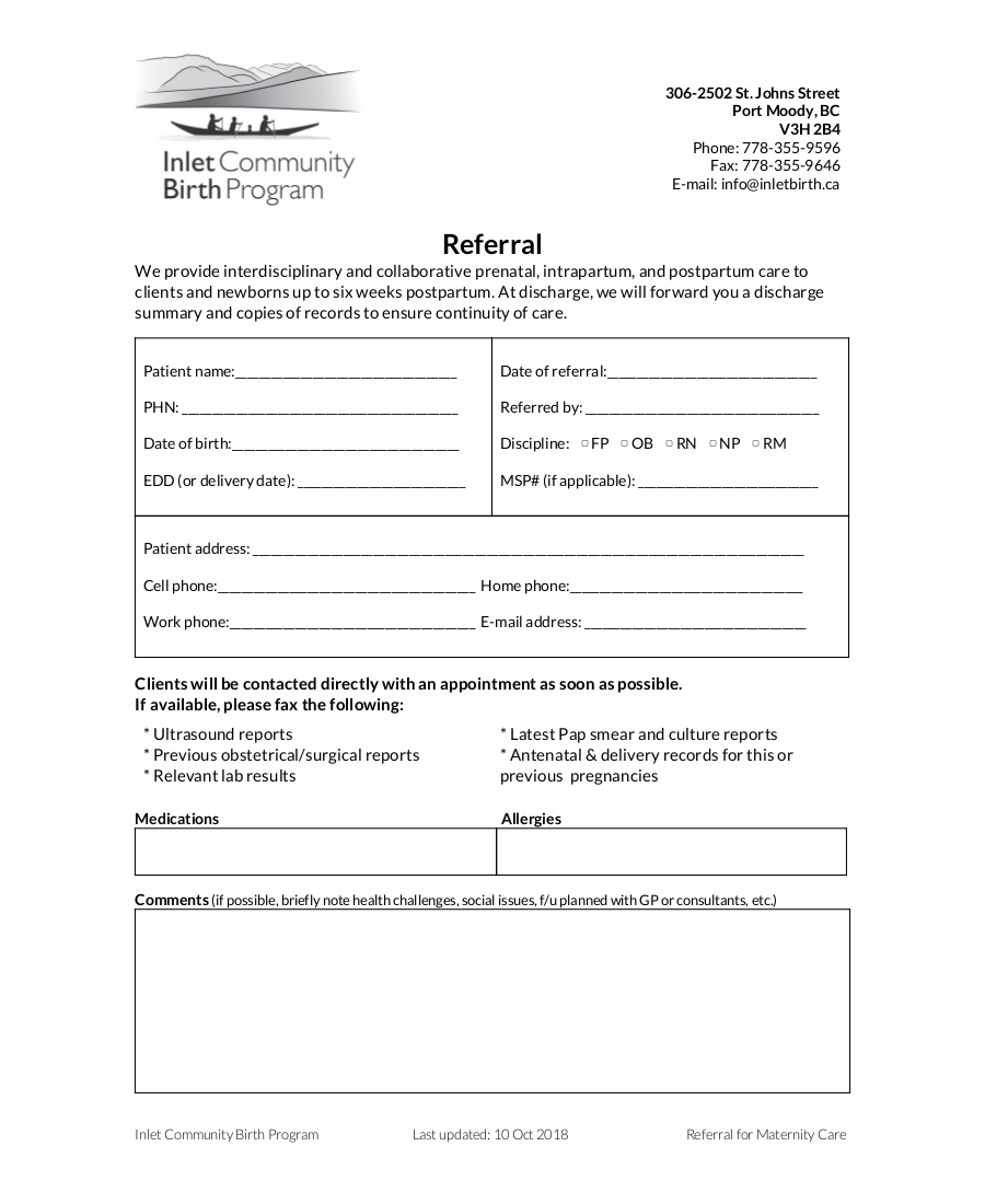 Inlet Community Birth Program Referral eForm 2018
