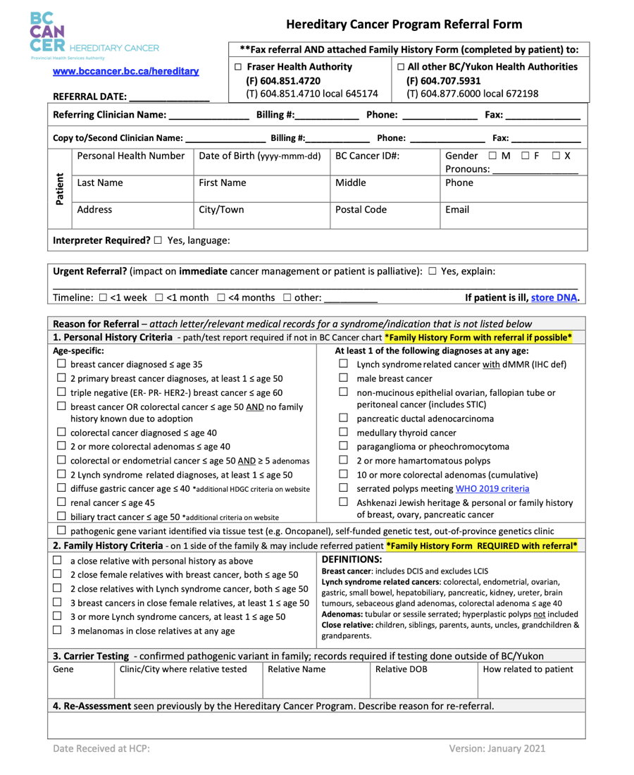 BCCA Hereditary Cancer Program Referral Form 2021