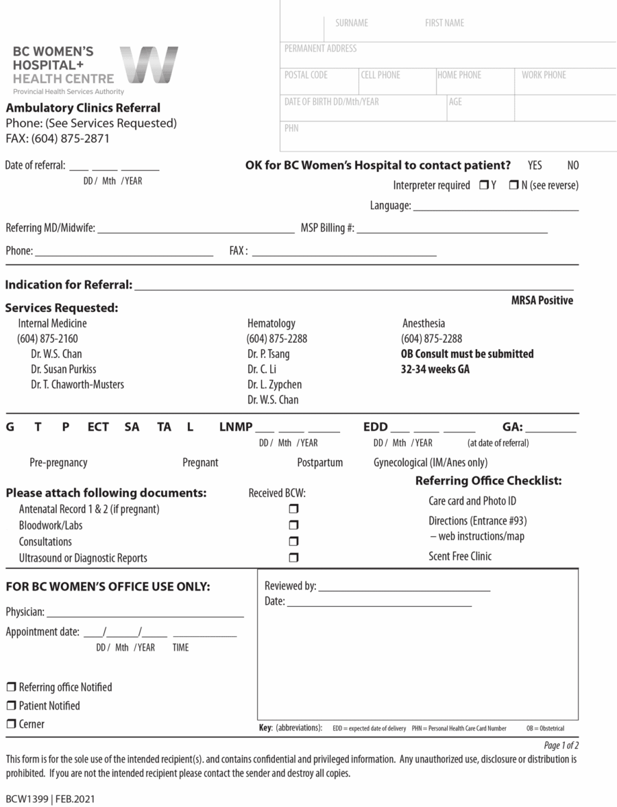 BCWH Ambulatory Clinic Referral 2019