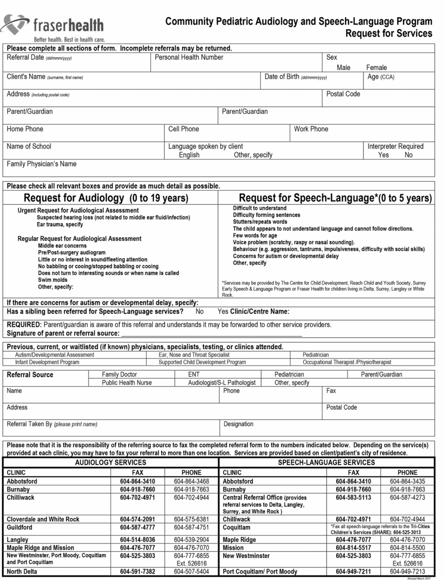 Fraser Health Community Pediatric Audiology and Speech-Language Program Request for Services 2017
