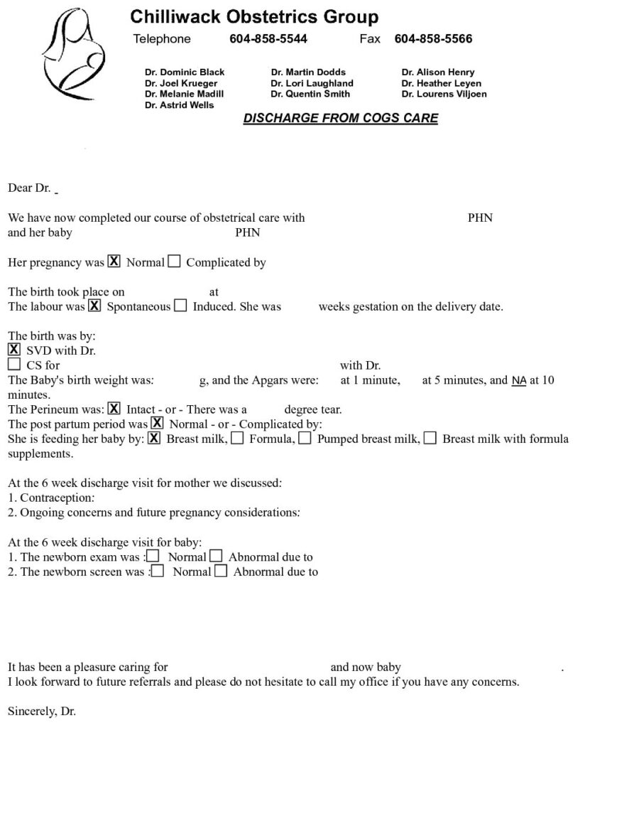 Chilliwack Obstetrics Group Discharge Summary
