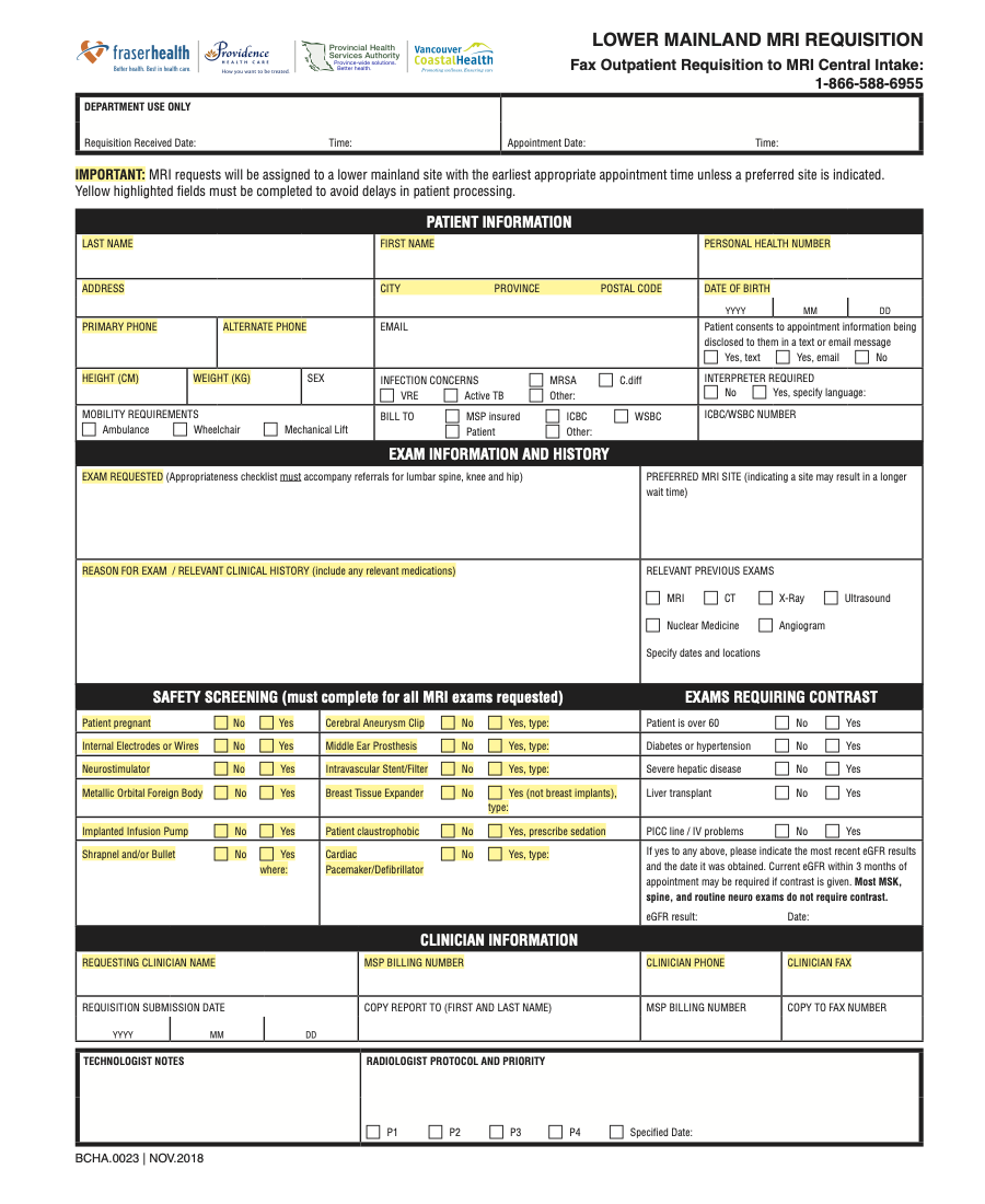 Lower Mainland MRI Requisition