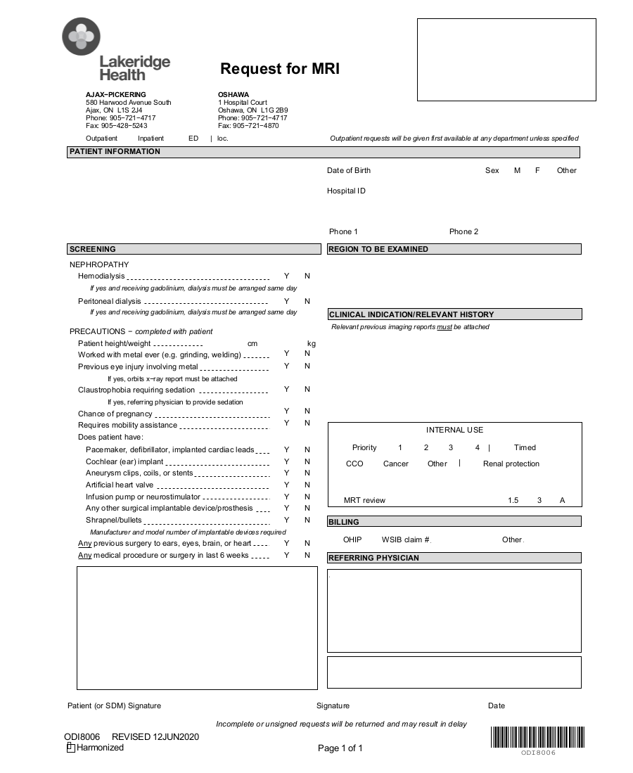 Lakeridge Health MRI Request eForm Oshawa