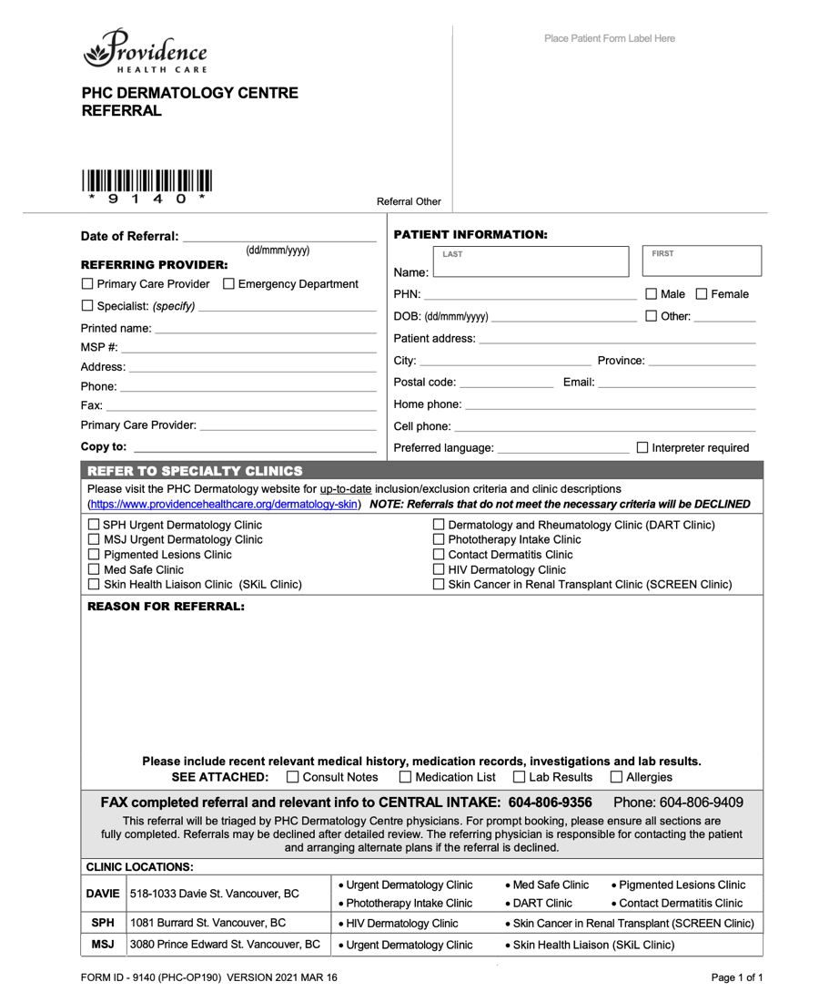 Providence Health Care Dermatology Centre Referral: V1_Mar20_2021
