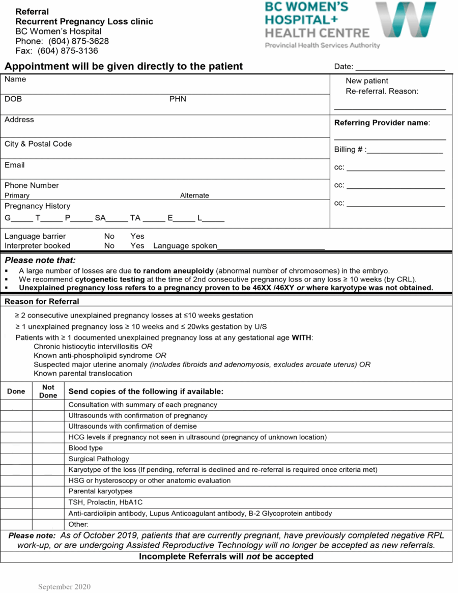 British Columbia Women's Hospital Referral Form for Recurrent Pregnancy Loss circa September 2020