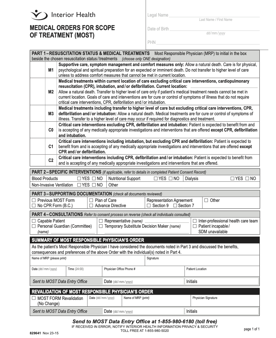 Interior Health Medical Orders for Scope of Treatment (MOST)