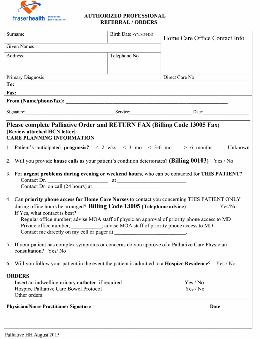 Fraser Health Palliative Orders Home Health August 2015