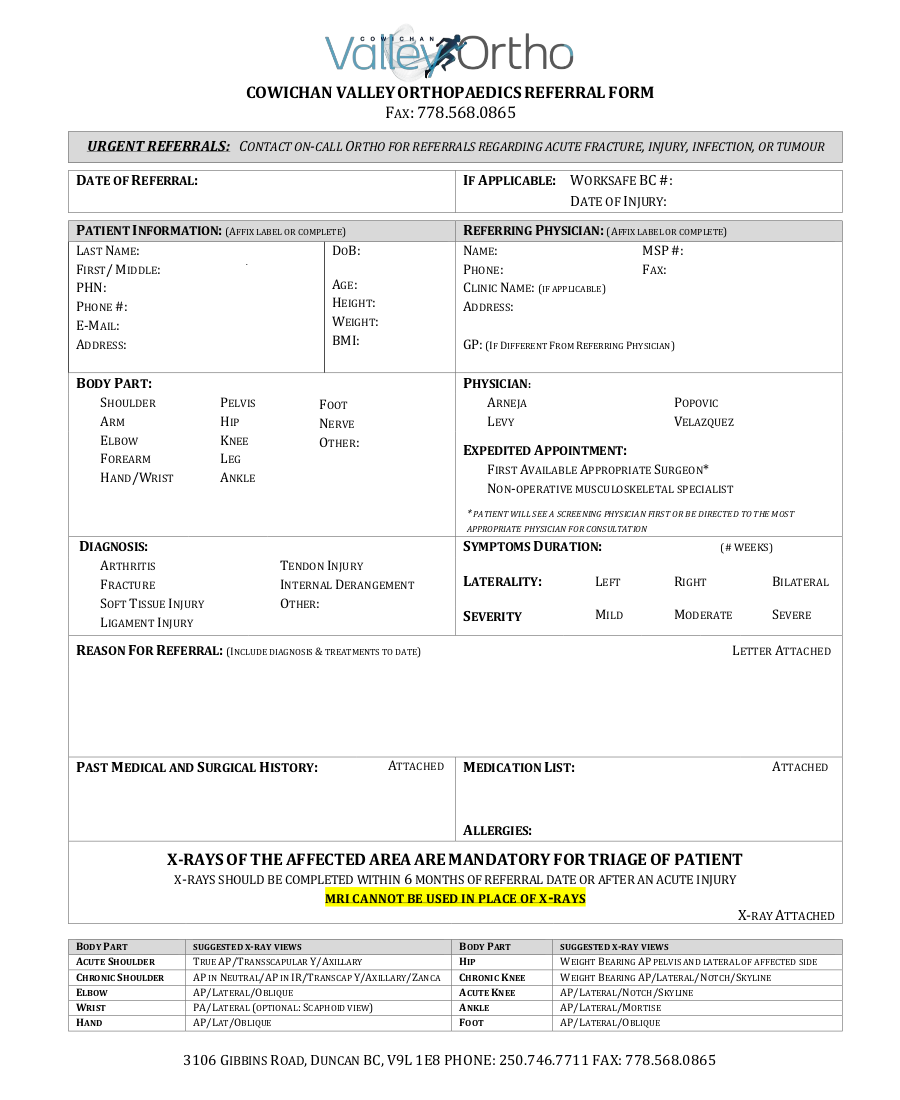 Cowichan Valley Orthopaedics Referral Form